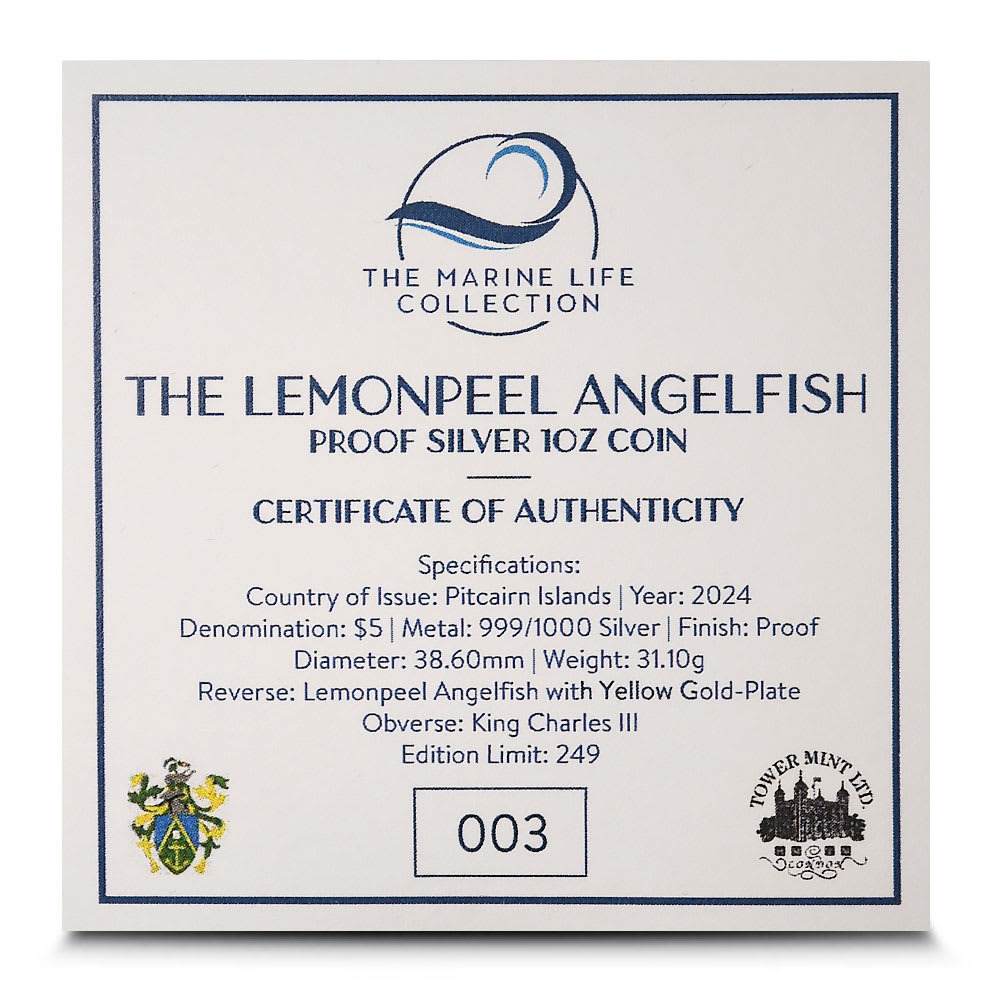 2024 1 oz Proof Pitcairn Islands Silver Lemonpeel Angelfish Coin (Gilded, Box + CoA) - Image 3